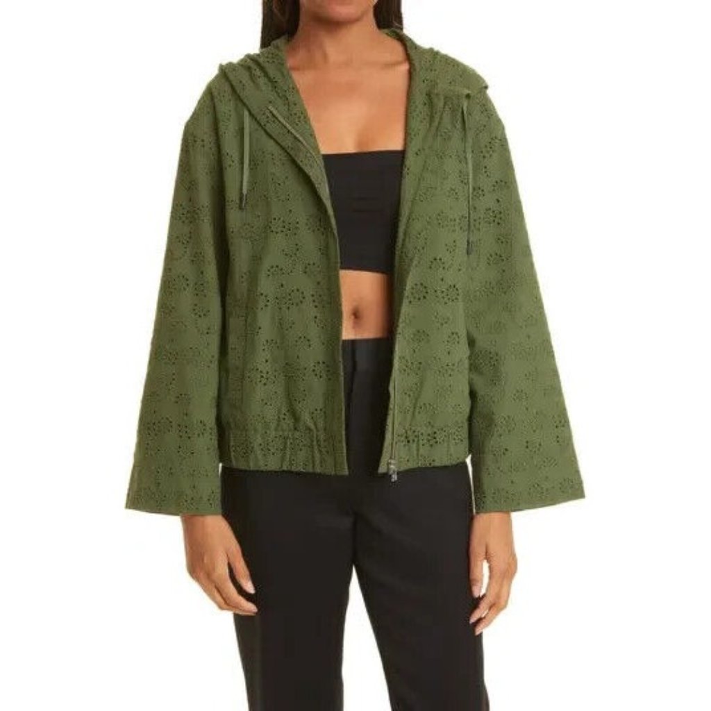 Jason Wu Green Eyelet Flare Sleeve Zip-Up Cotton Hooded Jacket, Size S Nwt!